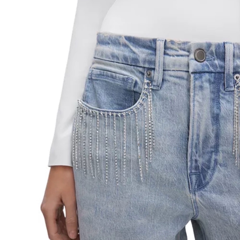 RARE Rhinestone Fringe Good 90s Straight Leg Jeans Good American